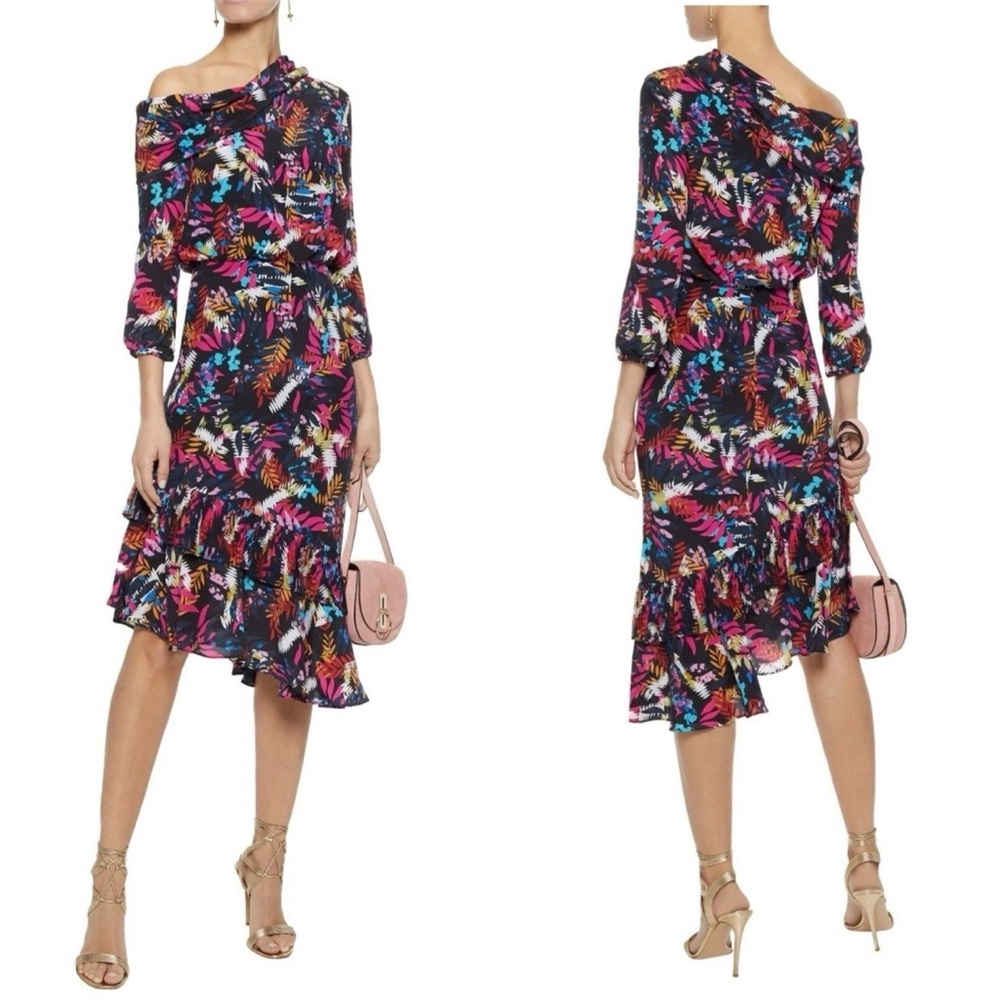 SALONI Lexie Navy Fern Silk Midi Dress